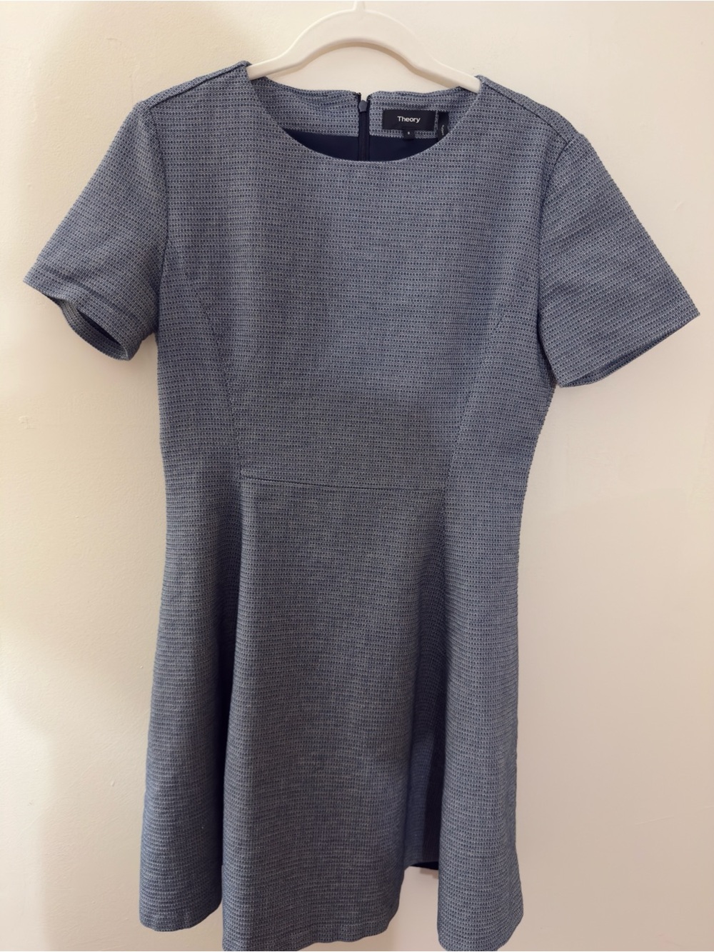 Theory Albita Slate Blue Textured Short-Sleeve Fit & Flare Dress | Size 8